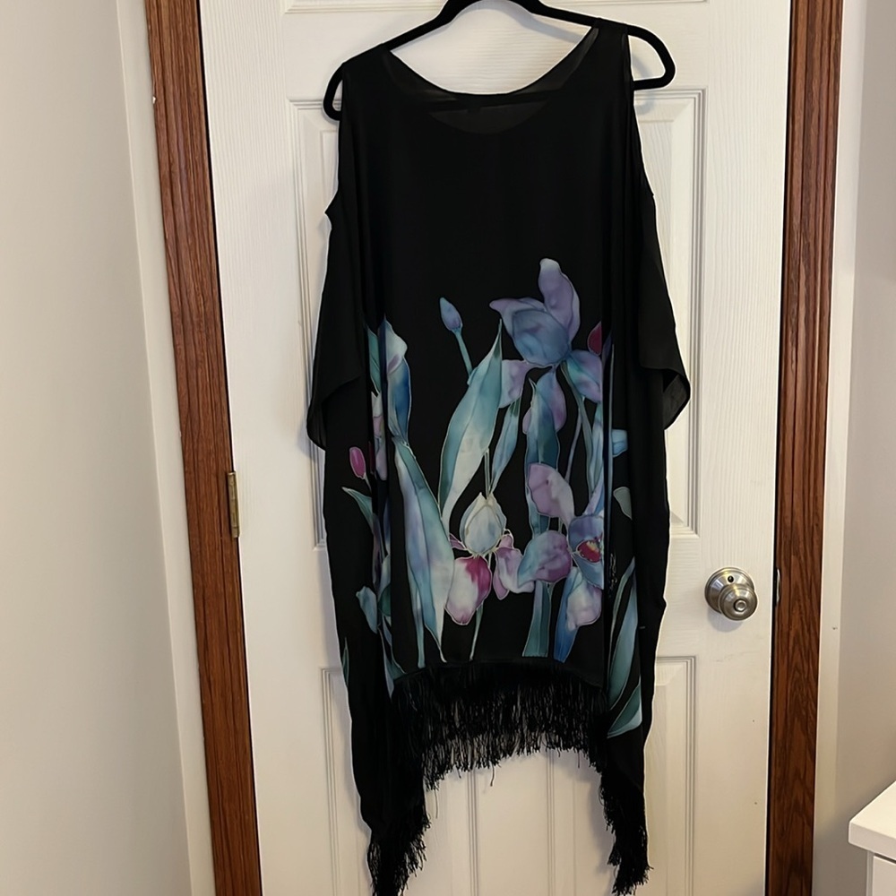 Kristi Kranz Hawaii Hand Painted Irises on Black Silk Fringed Beach Pool Dress